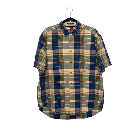 Tommy Hilfiger blue plaid short sleeves button men shirts size L - Picture 11 of 11